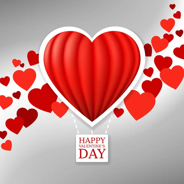 赤い熱気球の心を持つバレンタインデーグリーティングカード。愛装飾的な概念は白灰色の背景を設計します。ハッピーバレンタインデーのバナー。ポスターを売ってベクターイラスト — ストックベクタ