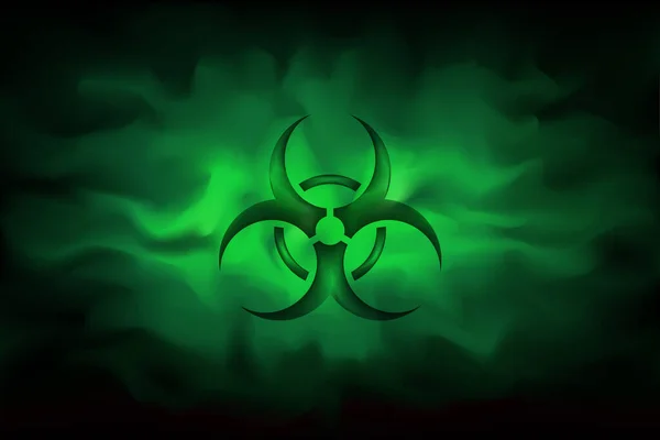 Biohazard sign on a background of infected green fog. Dangerous haze poisoned. Spreading smoke attack biological weapons. Vector illustration — Stock Vector