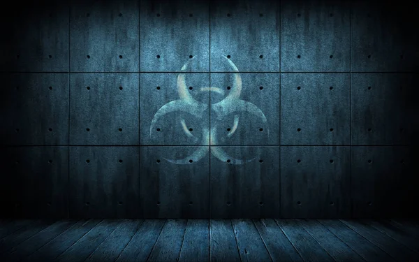 Grunge průmyslové zázemí s biohazard symbolem. Tmavý pokoj s betonovými stěnami se značkou bio hazard. 3D ilustrace. Tvůrčí design pozadí — Stock fotografie