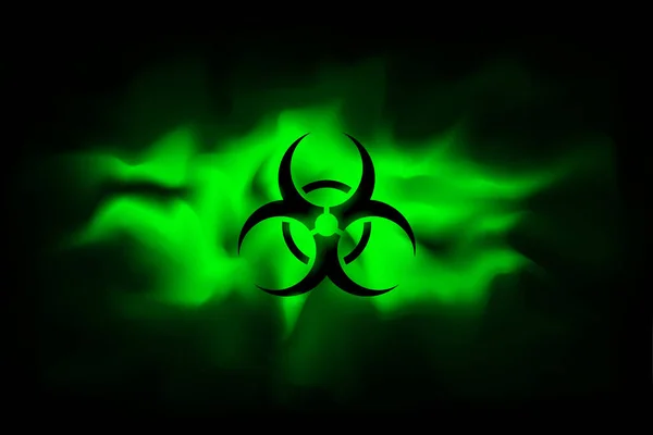 Enfekte olmuş yeşil sisin arka planında biyolojik tehlike işareti var. Duman atağı biyolojik silahları yayıyor. Tehlikeli sis zehirlendi. Vektör illüstrasyonu — Stok Vektör