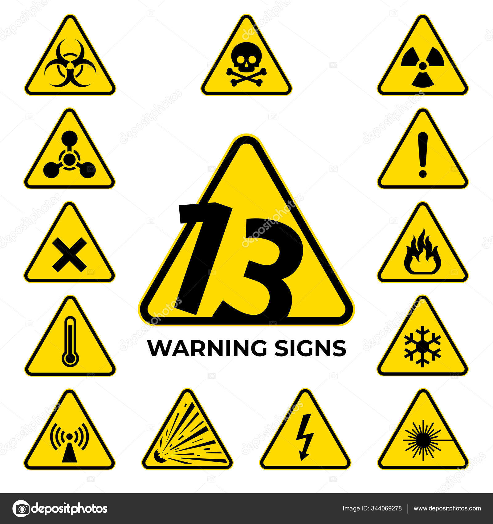 Set Of Hazard Warning Signs 13 Black Yellow Triangle Warning Safety And Caution Signs