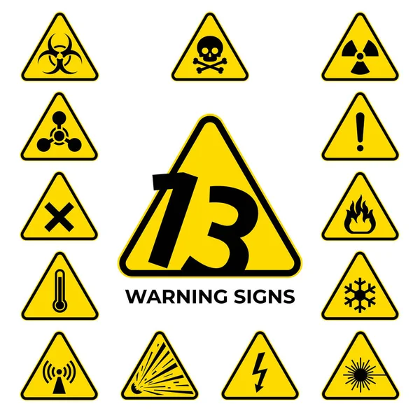 Conjunto de sinais de perigo. 13 preto amarelo triângulo aviso sinais de segurança e cautela. Símbolo do vetor de perigo de segurança da informação, ícone. A dúzia do Baker. Ilustração vetorial —  Vetores de Stock