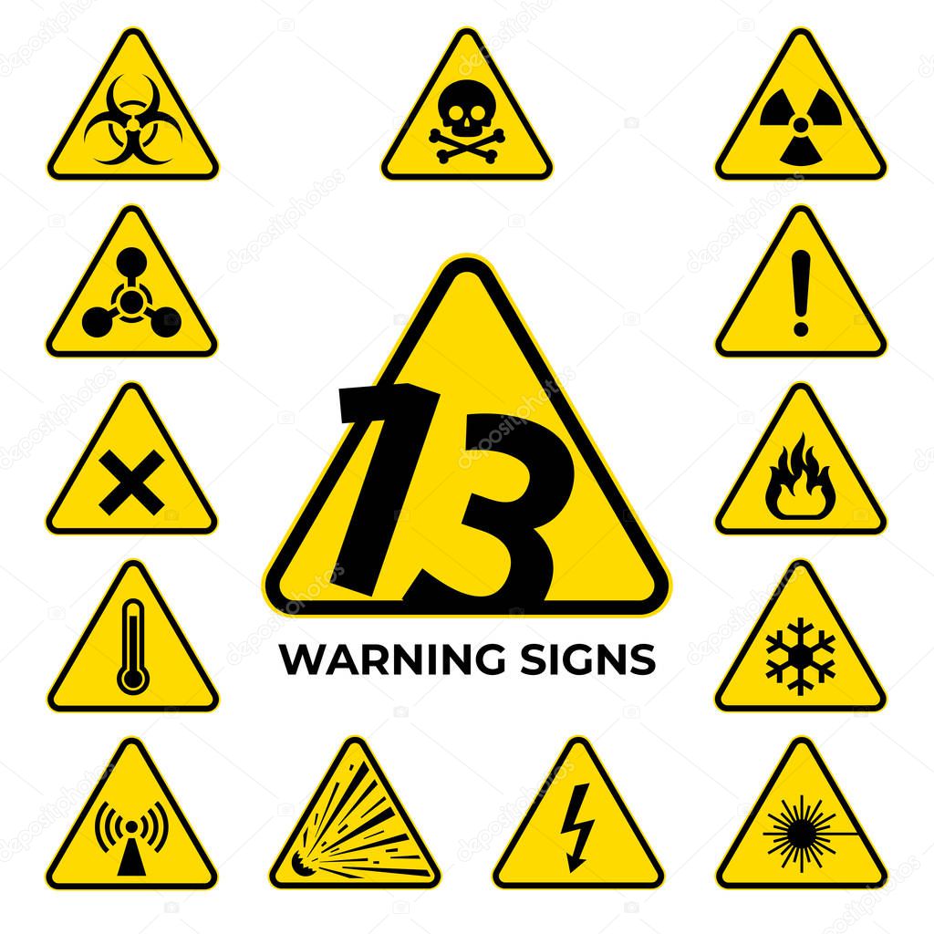 Set of hazard warning signs. 13 black yellow triangle warning safety and caution signs. Information security hazard vector symbol, icon. Baker's dozen. Vector illustration