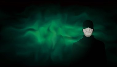 Man with medical mask on background of green blue poisonous dangerous haze, smoke. Spread of the virus, coronavirus, epidemic. Contaminated green fog. Quarantined zone. Masked man. Vector illustration