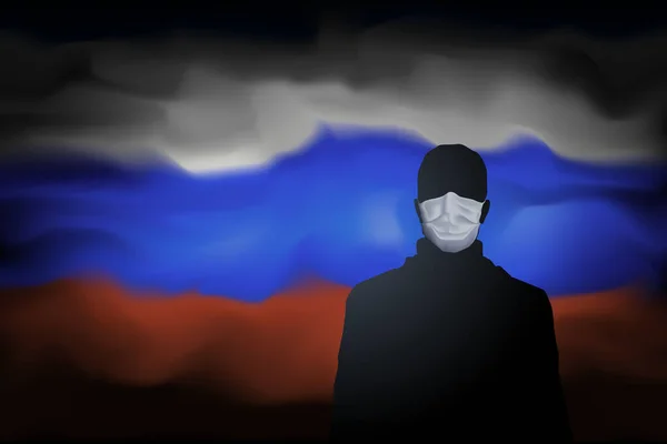 러시아 코로나 바이러스 추상적 러시아 배경에 의료용 마스크를 남자의 실루엣 — 스톡 벡터