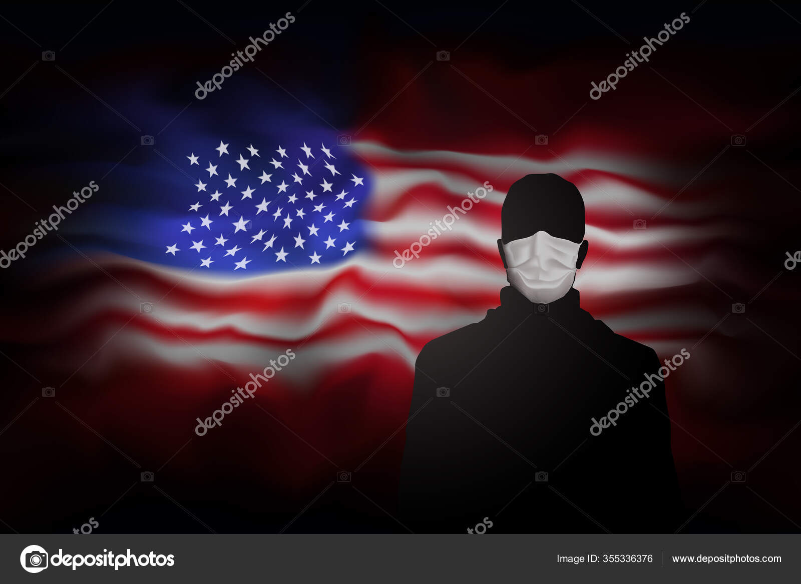 Covid 19コロナウイルスのウサ感染症 抽象的なウサ旗の背景に医療マスクの男のシルエット 世界的なcovid 19コロナウイルスパンデミック バナーデザインのためのアメリカの背景 ベクトル ストックベクター C Valerybrozhinsky