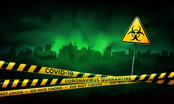 隔离的城市 Coronavirus流行病Covid Coronavirus检疫警告带和生物危害标志 大流行性流感 城市在绿雾中 流行病高压线 向量Grunge模板 — 图库矢量图片