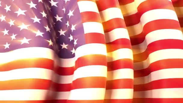 阳光透过飘扬的美国国旗照耀着 美国摇旗呐喊旗帜设计 节日爱国设计 美国假期 动画背景 无缝圈 — 图库视频影像