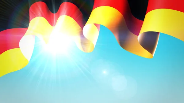 太陽はドイツの旗を通して輝きます ドイツのバナーデザインのための青空にフラグを振って ドイツの休日の背景 フェスティバル愛国的なデザインパターンテンプレート 3Dイラスト — ストック写真
