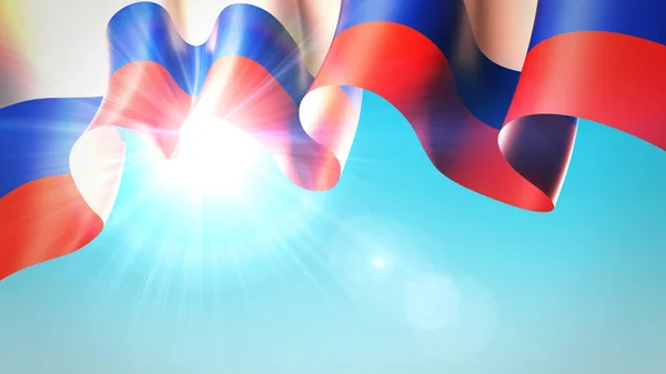 阳光透过飘扬的俄罗斯国旗照耀着 在蓝天上摇曳着俄罗斯国旗做横幅设计 节日爱国设计模式 俄罗斯假日背景 3D说明 — 图库照片