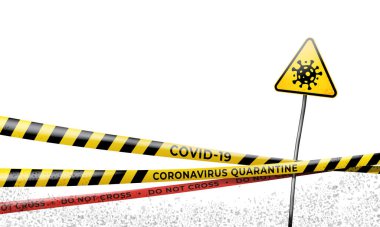 Koronavirüs salgınının karantina alanı covid-19. Coronavirus karantina uyarı kasetleri, viral tehlike işareti. Salgın covid 19. Salgın yaylım ateşi. Beyaz üzerine izole edilmiş vektör şablonu