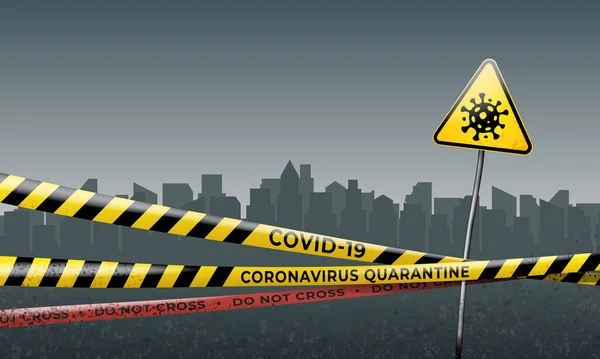 Karantänstad Coronavirus Epidemi Covid Varningsband För Coronavirus Och Tecken Virusrisk — Stock vektor