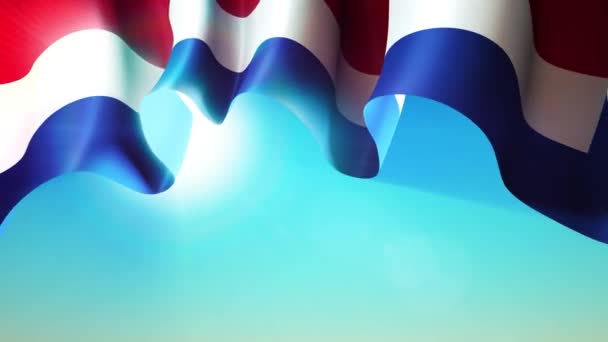 Солнце Светит Сквозь Развевающийся Флаг Нидерландов Голландия Размахивает Флагом Голубом — стоковое видео