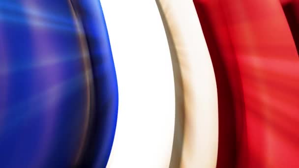 太陽はフランスの国旗を通して輝きます フランスは旗のデザインのために旗を振る フランスのお祝いのデザイン アニメーションの背景 シームレスなループ — ストック動画