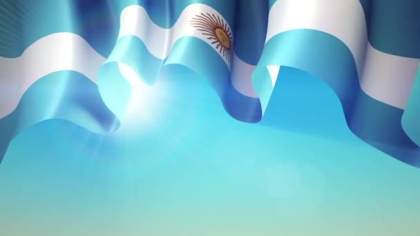 太陽はアルゼンチンの旗を通して青い光線で輝きます アルゼンチンは旗のデザインのために青空に旗を振っている 愛国的なデザインだ アニメーションの背景 アルゼンチンの祝日 シームレスなループ — ストック動画