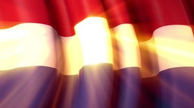 Güneş, Hollanda bayrağını dalgalandırarak parlıyor. Bayrak tasarımı için Hollanda bayrağı sallıyor. Hollanda şenlik tasarımı. Canlandırılmış arka plan. Kusursuz döngü
