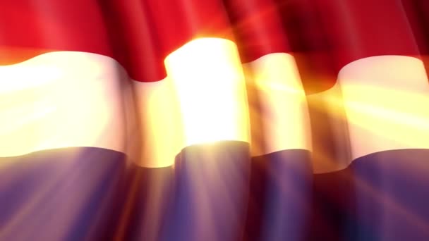 阳光透过飘扬的荷兰国旗照耀着 荷兰为国旗设计摇旗呐喊 荷兰节庆设计 动画背景 无缝圈 — 图库视频影像
