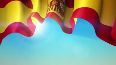Güneş, İspanya 'nın sallanan bayrağından parlıyor. İspanya mavi gökyüzünde bayrak sallıyor, afiş tasarımı için. İspanyol şenlik tasarımı. Canlandırılmış arka plan. Kusursuz döngü