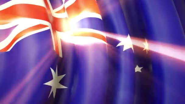 Sol Brilla Con Rayos Dorados Través Bandera Ondeante Australia Australia — Vídeo de stock