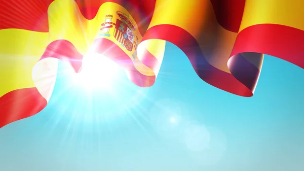 Sol Brilla Través Bandera Ondeante España España Ondeando Bandera Cielo — Foto de Stock