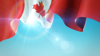 The sun shines with golden rays through the waving flag of canada. Canada waving flag on blue sky for banner design. Festive patriotic design pattern, template. Background for canadian holidays. 3d illustration clipart
