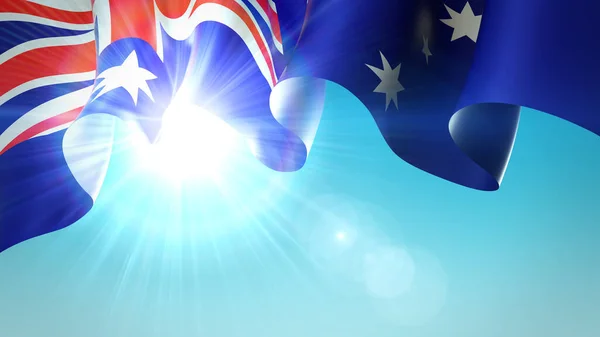 Солнце Светит Золотыми Лучами Сквозь Развевающийся Флаг Австралии Австралия Размахивает — стоковое фото