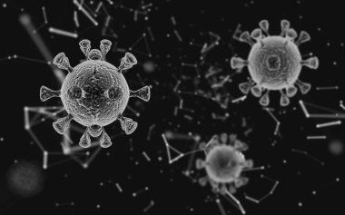 Coronavirus covid-19 'un mikroskobik görüntüsü. Coronavirus tehlikesi ve halk sağlığı risk hastalığı ve grip salgını. Üç boyutlu tıbbi illüstrasyon. 3d oluşturma.