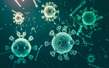 Coronavirus covid-19 'un mikroskobik görüntüsü. Coronavirus tehlikesi ve halk sağlığı risk hastalığı ve grip salgını. Üç boyutlu tıbbi illüstrasyon. 3d oluşturma.