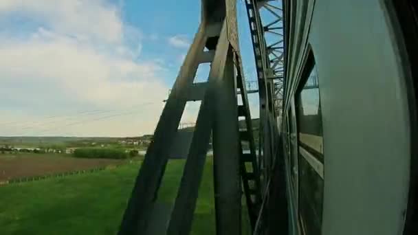 Train Rides Bridge Field River Clouds Sky — Stockvideo