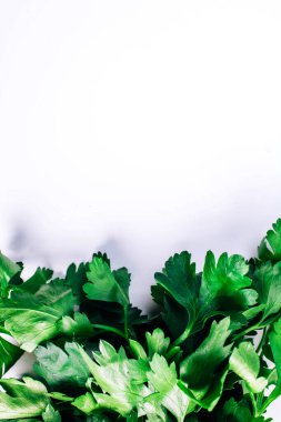 Aşağıda maydanoz yaprakları, beyaz arka planda.