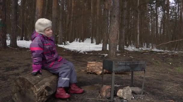 A menina sentada ao lado da grelha, nas árvores pinho e bétula — Vídeo de Stock
