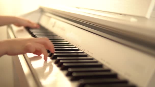 Piyano 8 yaşındaki bir çocuk tarafından yavaşça çalınır, herhangi bir müzik programında retro piyano tarzında bir ekran koruyucu.. — Stok video