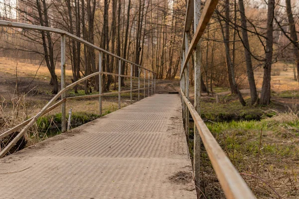 Puente en el bosque, sobre el río, metal, se levanta cara — Foto de Stock