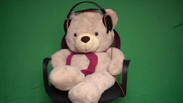 Oso de juguete Teddy en los auriculares escucha música y asiente con la cabeza en un fondo verde — Vídeos de Stock