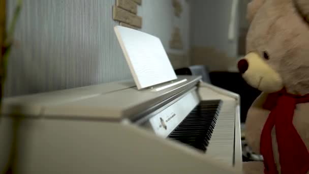 Osito de peluche cayó del piano sin el apoyo de los titiriteros — Vídeo de stock