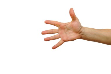 Avuç içi parmakları beyaz erkek izole arka planına yayılmış