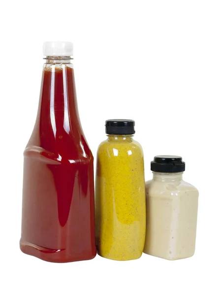 Ketchup, Mustard dan Horseradish di Botol; Tampilan Sudut — Stok Foto