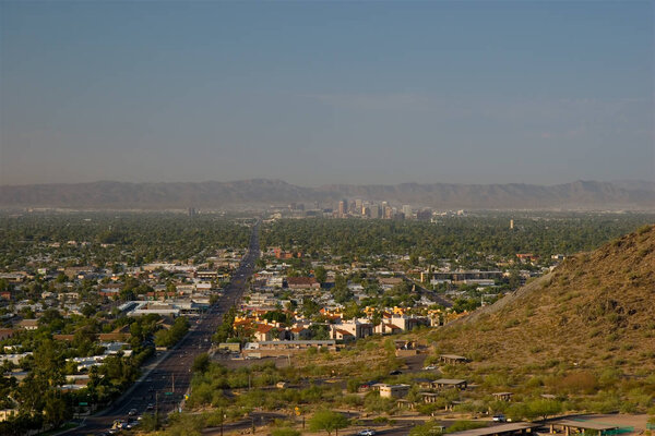 Morning Road to Uptown of Phoenix, Arizona. View from North Mountain.