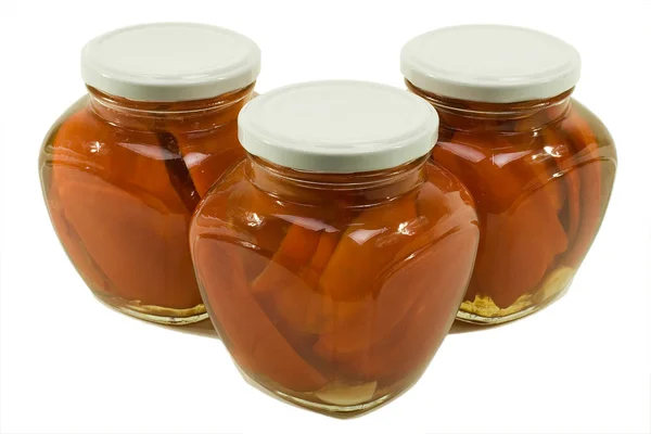 Tres frascos de pimientos rojos marinados —  Fotos de Stock