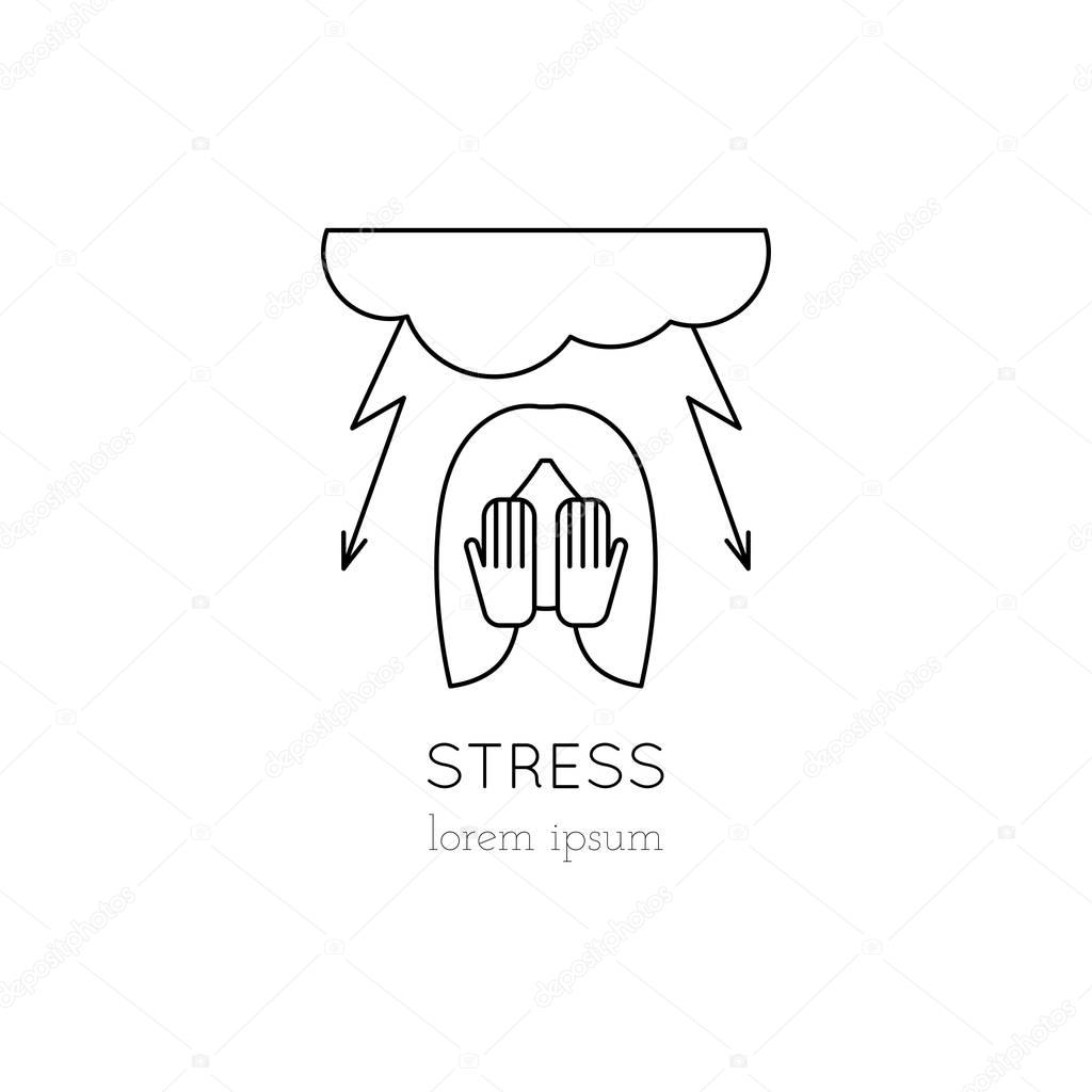 Vector thin line icon, woman hiding face in her hands. Metaphor of fear and stress. Logo template illustration. Black on white isolated symbol. Simple mono linear modern design.