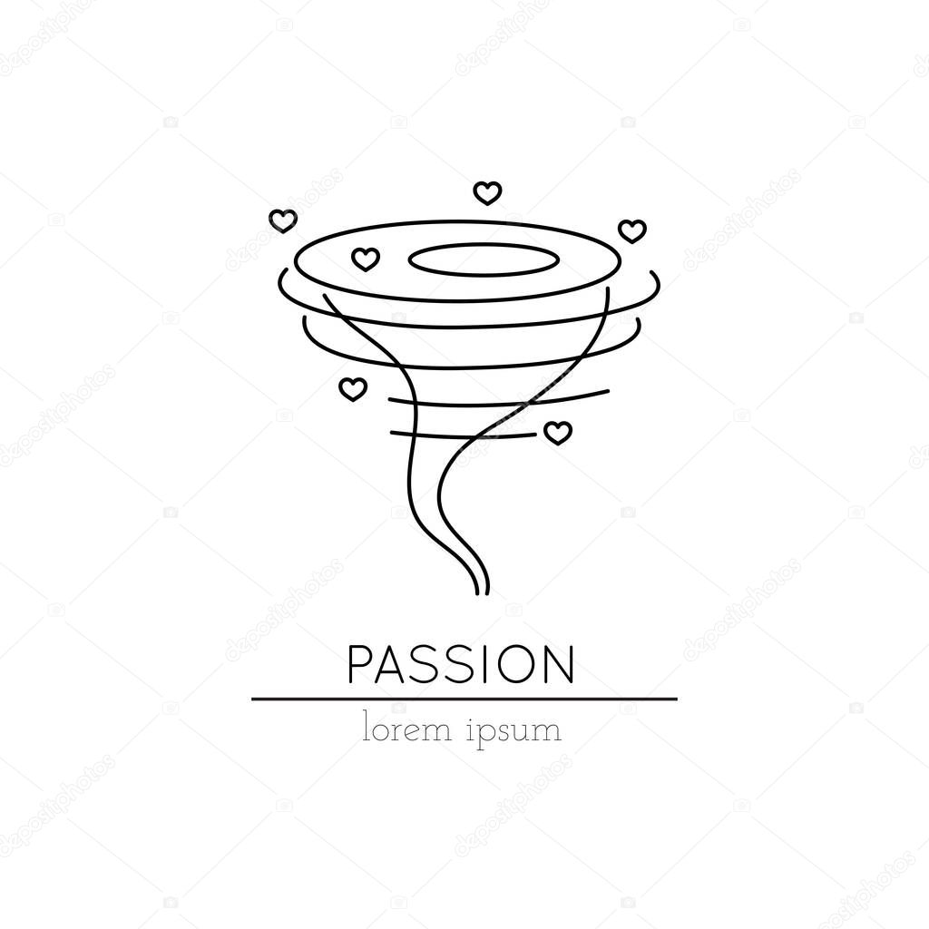 Vector thin line icon, whirlwind with hearts. Metaphor of passion. Logo template illustration. Black on white isolated symbol. Simple mono linear modern design.