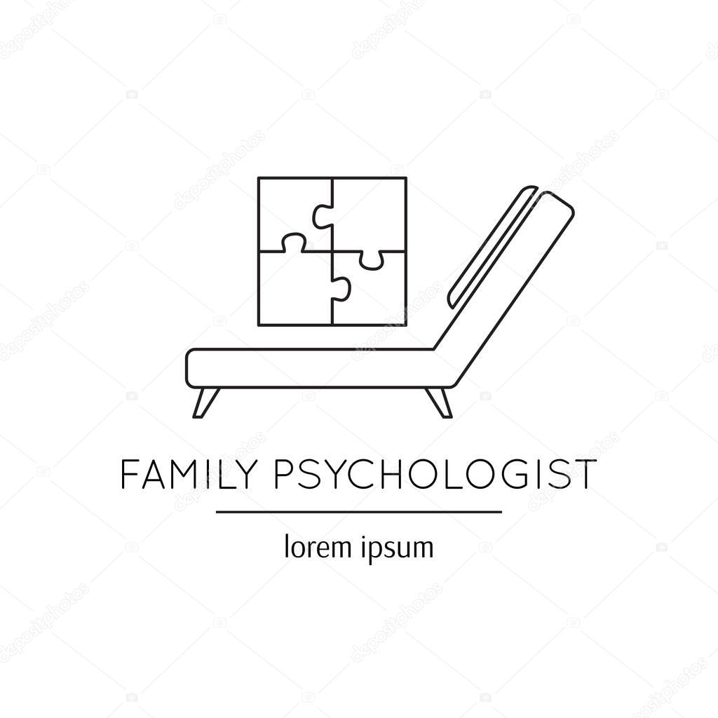 Vector thin line icon, a couch and a puzzle picture. Metaphor of family psychologist or mental treatment. Black on white isolated symbol. Simple mono linear modern design.