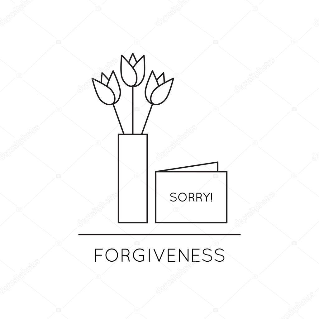 Vector thin line icon, vase with flowers and card with word sorry. Metaphor of forgiveness or mutual understanding. Black on white isolated symbol. Simple mono linear modern design.