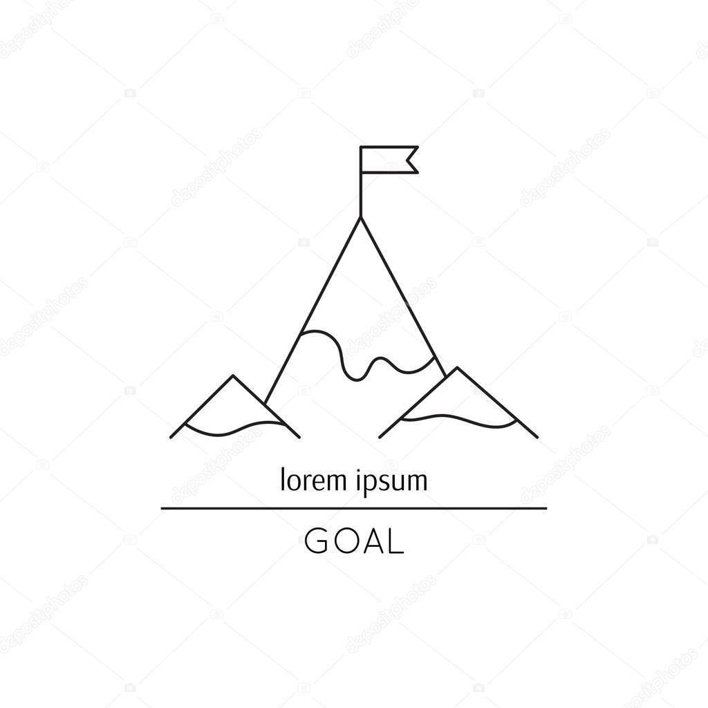 Vector thin line icon, flag on the mountain top. Metaphor of achieving goals and career. Black on white isolated symbol. Career growth, achievement and aspiration. Simple mono linear modern design.