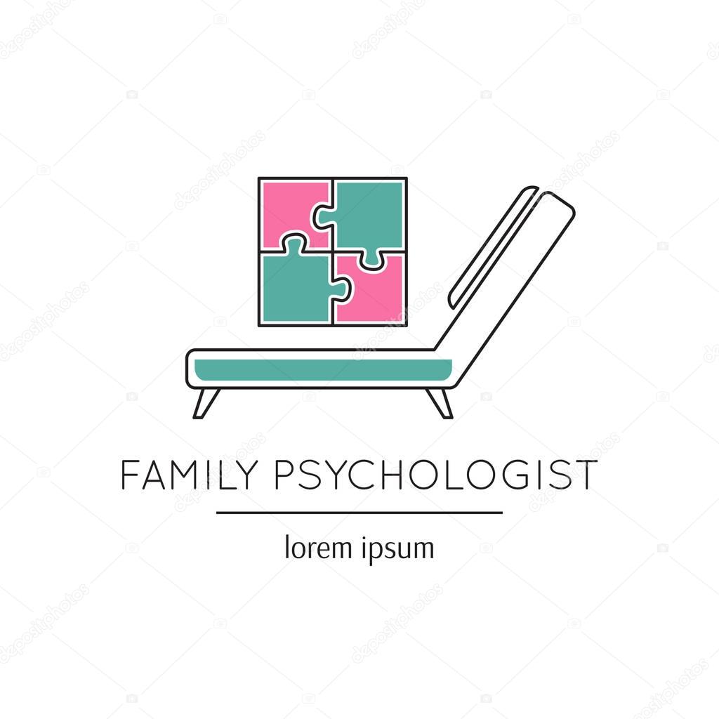 Vector thin line icon, a couch and a puzzle picture. Metaphor of family psychologist or mental treatment. Colored isolated symbol. Simple mono linear modern design.