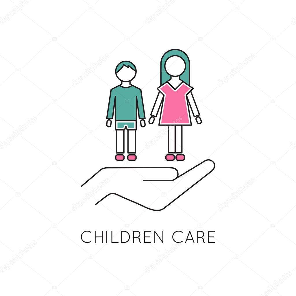 Vector thin line icon, boy and girl on the palm. Children, brother and sister. Logo template illustration. Metaphor of children care. Colored isolated symbol. Simple mono linear modern design.
