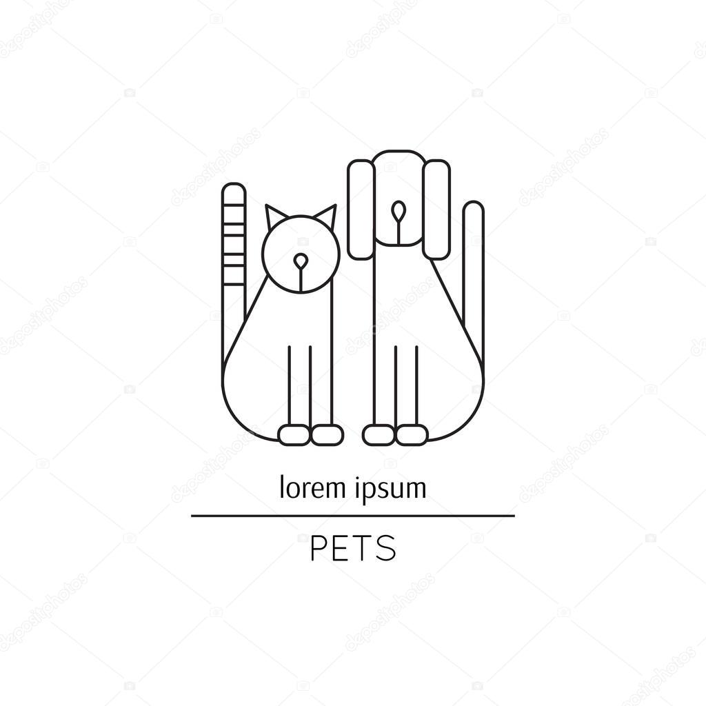 Vector thin line icon, pets, cat and dog. Logo template illustration for pet shop, hotel, veterinary clinic. Domestic animals. Black on white isolated symbol. Simple mono linear modern design.