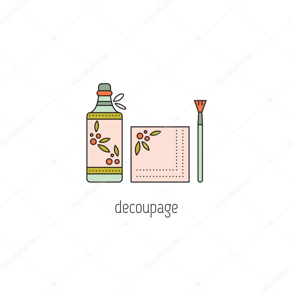Decoupage vector thin line icon. Bottle, decorated by hand in special technique. Isolated symbol. Logo template, element for business card or workshop announcement. Simple mono linear modern design.