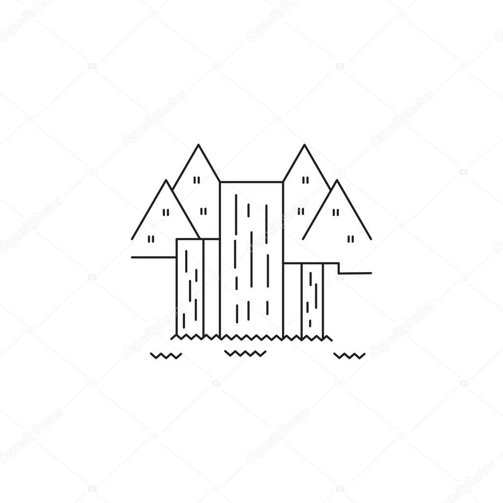Waterfall vector thin line icon. Natural Park. Black on white isolated symbol. Logo template, element for travel agency products, tour brochure, excursion banner. Simple mono linear modern design.