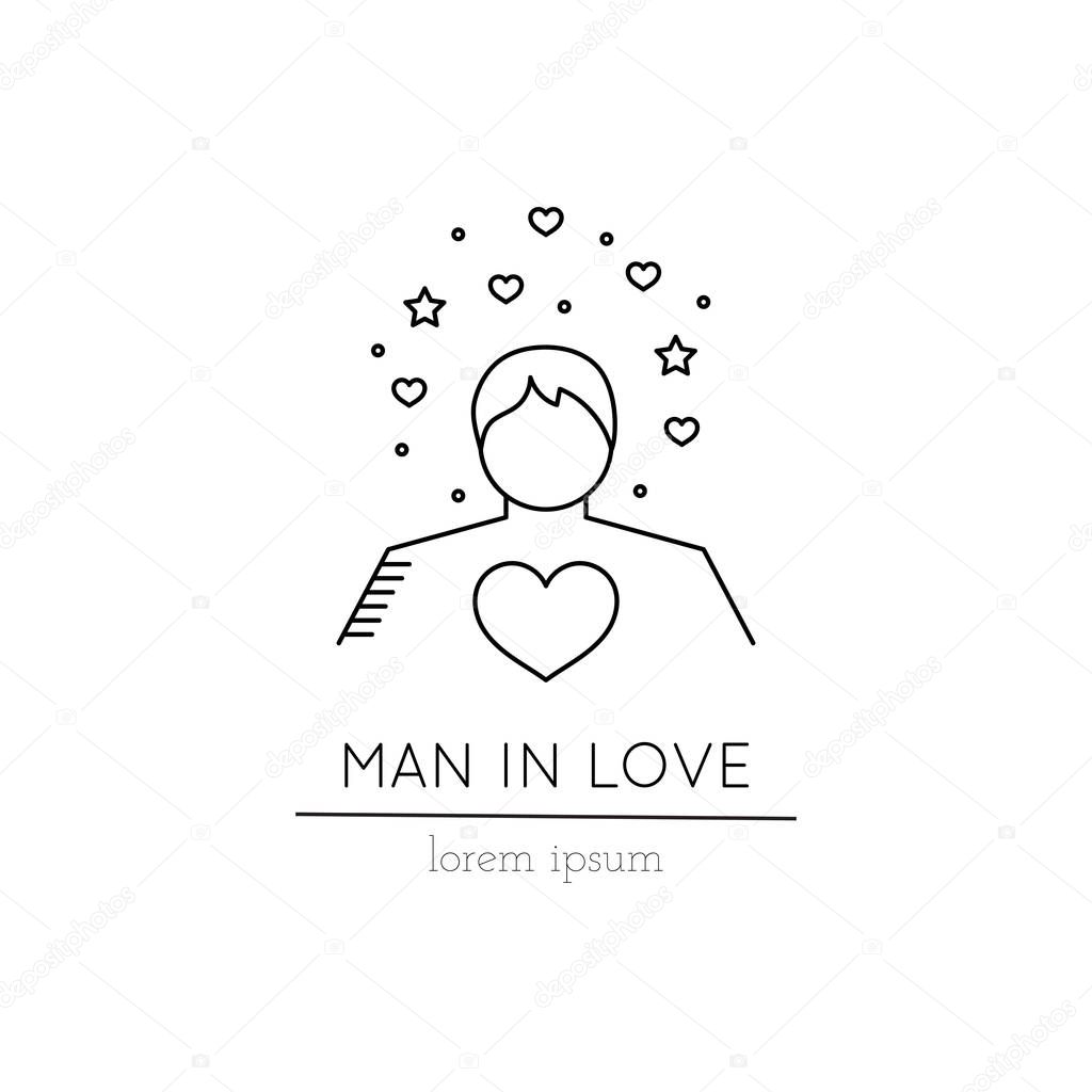 Vector thin line icon, man in love. Metaphor of amorousness and affection. Logo template illustration. Black on white isolated symbol. Simple mono linear modern design.